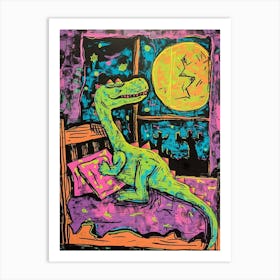 Dinosaur Snoozing In Bed At Night Abstract Illustration 2 Art Print
