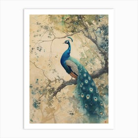 Sepia Watercolour Peacock On The Tree Branch Art Print