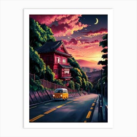 Anime Canvas Art: Sunset Hillside with Red Japanese House, Yellow Van, and Vibrant Sky, Perfect for Lofi Aesthetic and Peaceful Ambiance Enthusiasts. Art Print