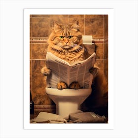 Cat Reading Newspaper On Toilet Art Print