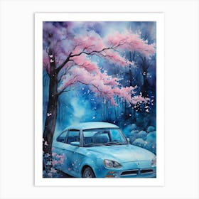 Blue Car In Cherry Blossoms Art Print