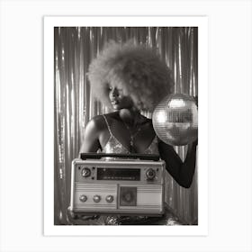 Black And White Woman With A Disco Ball And Boombox 1 Art Print