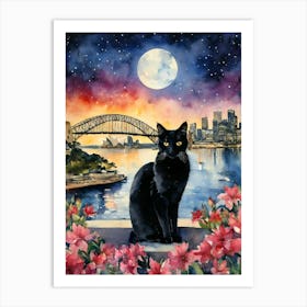 The Black Cat in Sydney Harbour Bridge Bay Opera House Iconic Australia Cityscapes on a Full Moon Traditional Watercolor Art Print Kitty Travels Home and Room Wall Art Cool Decor Klimt and Matisse Inspired Modern Awesome Cool Unique Pagan Witchy Witches Familiar Gift For Cat Lady Animal Lovers World Travelling Genuine Works by British Watercolour Artist Lyra O'Brien Art Print