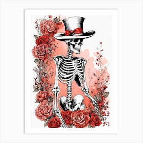 Floral Skeleton With Hat Ink Painting (29) Art Print