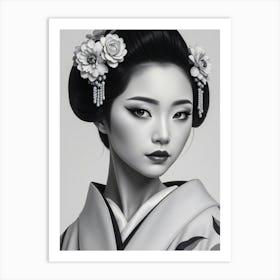 Geisha Illustration in Black and White Art Print