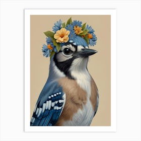 Blue Jay With A Flower Crown European Robin 3 Art Print