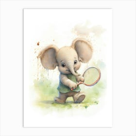 Elephant Painting Playing Tennis Watercolour 4 Art Print