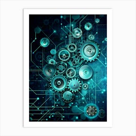 A Collection Of Metal Gears Of Different Sizes Interconnected On A Dark Blue Background With Glowing Lines And Circuitry Patterns Art Print