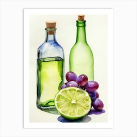 Lime and Grape near a bottle watercolor painting 7 Art Print