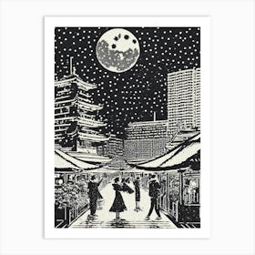 Moonlight In Tokyo Linocut Art Print