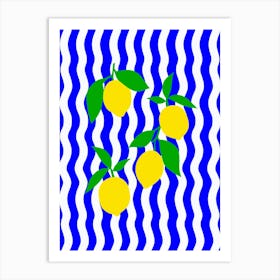 Lemons On A Blue And White Striped Wavy Background Art Print