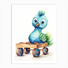 Baby Peacock On A Toy Car, Watercolour Nursery 2 Art Print