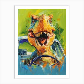 Dinosaur Driving A Car Blue Green Brushstroke 2 Art Print