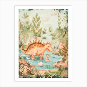 Cute Dinosaur Parent & Baby Dinosaur Bathing In The Lake Storybook Painting Art Print