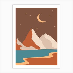 Mountain Landscape With Moon And Stars. Morocco - boho travel pastel vector minimalist poster Art Print
