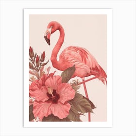 American Flamingo And Hibiscus Minimalist Illustration 2 Art Print