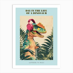 Retro Collage Dinosaur Listening To Music With Headphones 3 Poster Art Print