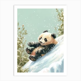 Giant Panda Cub Sliding Down A Snowy Hill Storybook Illustration 4 Art Print