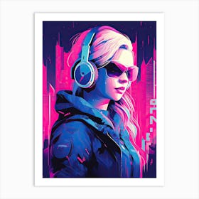 Girl With Headphones Art Print