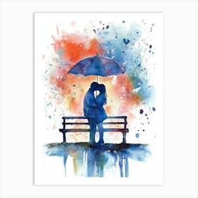 Happy Couple Lover Kissing Under The Umbrella, Wedding Card Or Engagement Art Print