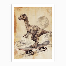 Vintage Diplodocus Dinosaur On A Skateboard 1 Art Print