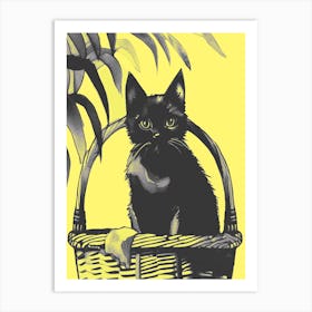 Black Kitty Cat In A Basket Yellow Art Print