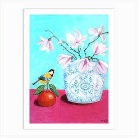 Magnolia And Mandarin Orange With Bird Art Print