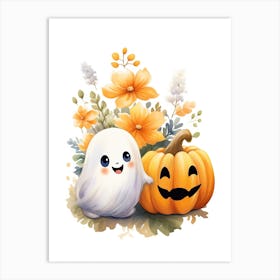 Cute Ghost With Pumpkins Halloween Watercolour 103 Art Print
