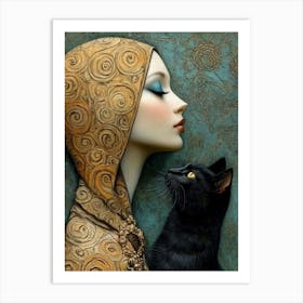 Woman With A Black Cat Art Print