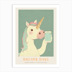 Pastel Storybook Unicorn With A Mobile Phone Poster Art Print