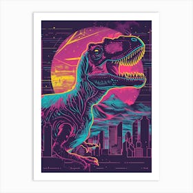 Neon Dinosaur Cityscape Art Print