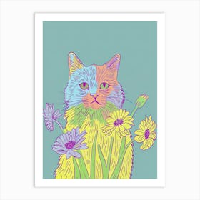 Cute Fluffy Cat With Flowers Illustration 4 Art Print