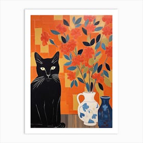 Delphinium Flower Vase And A Cat, A Painting In The Style Of Matisse 1 Art Print