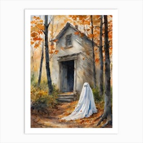 A Blustery Day ~ Ghost Halloween Watercolor Autumn Forest Spooky Spectre Windy Trees Haunting Witchy Witchcraft Goings On In The Woods Magical Samhain Painting Art Print