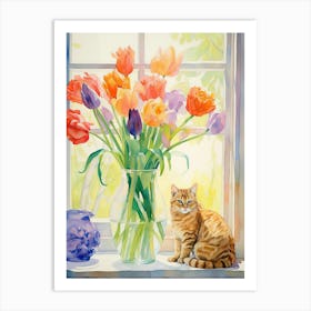 Cat With Tulip Flowers Watercolor Mothers Day Valentines 3 Art Print