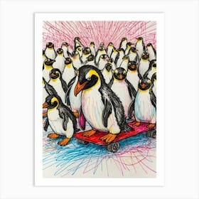 Penguins On Skateboard Art Print