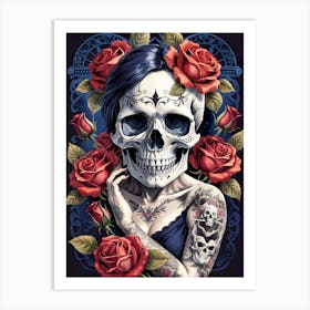 Sugar Skull Girl With Roses Painting (32) Art Print