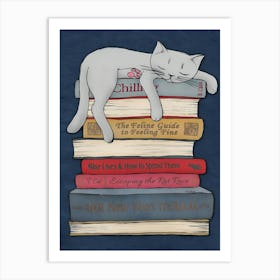 Cat Sleeping On Books Art Print