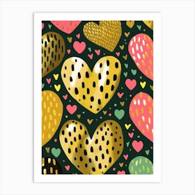 Gold Pink & Dark Green Dotty Hearts Art Print