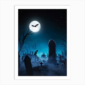 A Zombie Hand Breaking Through The Earth In A Dark Cemetery Fear Palpable In The Scarey Silhouette Art Print