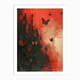 Butterflies In The Forest, Bichromatic, Surrealism, Impressionism Art Print