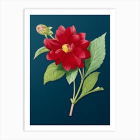 Vintage Double Dahlias Botanical Art on Teal Blue n.0430 Art Print