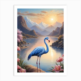 Floral Blue Flamingo Painting (33) Art Print