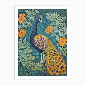 Blue Mustard Peacock With Tropical Flowers Linocut Inspired 4 Art Print