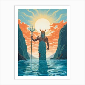 A Retro Poster Of Poseidon Holding A Trident 12 Art Print