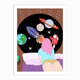 Girl Bed Space Planets Spaceship Rocket Astronaut Galaxy Universe Cosmos Woman Dream Imagination Bedroom Cartoon Art Print