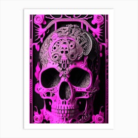 Skull With Steampunk Details 2  Pink Linocut Art Print
