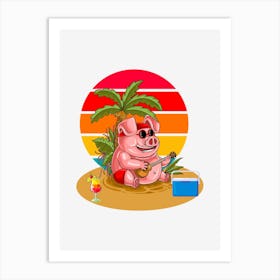 Colorful Pig Illustration Pig In Sunglasses On The Beach Under A Palm Tree Playing Music Art Print