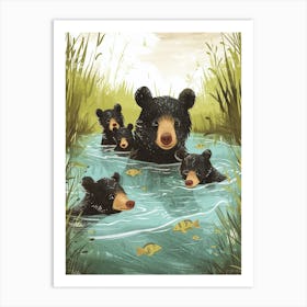 American Black Bear Family Swimming In A River Storybook Illustration 3 Art Print