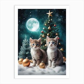 Christmas Kittens with Christmas Tree Pet Lover Art Print